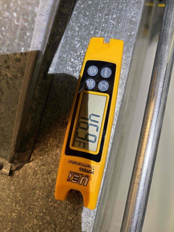 Responded to no cooling call on heat pump system. Upon arrival, performed system diagnostics and temperature measurements. Supply air temperature measured at 47.1°F, indicating unit was operating in heating mode rather than cooling mode. Troubleshot thermostat settings and system controls, reversed system operation from heating to cooling mode. Verified proper refrigerant line temperatures and confirmed system restored to normal cooling operation.