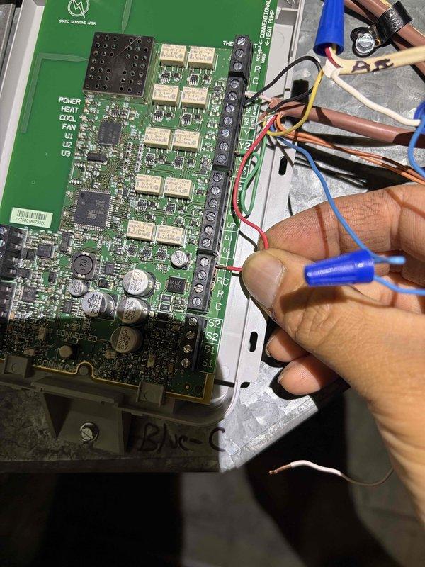 Responded to service call for thermostat displaying network connectivity error with no heating or cooling operation. Inspected HVAC control board and verified power supply, system status indicators, and low-voltage wiring connections at terminal strip. Addressed connectivity issue and restored proper communication between thermostat and system control board, confirming all heating and cooling functions operational upon completion.