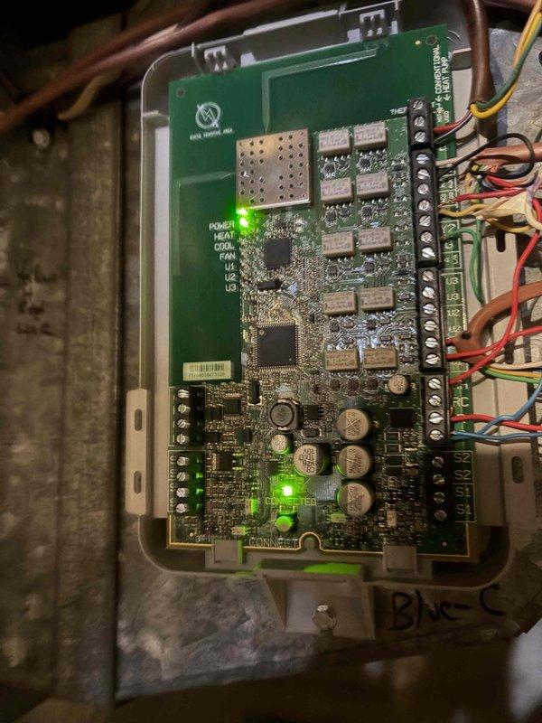Responded to service call for thermostat displaying network connectivity error with no heating or cooling operation. Inspected HVAC control board and verified power supply, system status indicators, and low-voltage wiring connections at terminal strip. Addressed connectivity issue and restored proper communication between thermostat and system control board, confirming all heating and cooling functions operational upon completion.