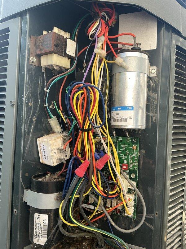 Responded to no cooling call on aging HVAC system where outdoor unit failed to operate when thermostat called for cooling. Upon arrival, performed diagnostic inspection of outdoor condensing unit and found failed dual run capacitor preventing compressor and condenser fan motor from starting. Removed access panel, tested capacitor with multimeter confirming complete failure with zero microfarad reading. Replaced defective capacitor with properly rated OEM equivalent, verified all electrical connections secure, and restored power to system. Tested unit through complete cooling cycle, confirmed compressor and outdoor fan motor operating properly with normal amp draw, and verified adequate airflow and temperature split across evaporator coil. System restored to full operational status.