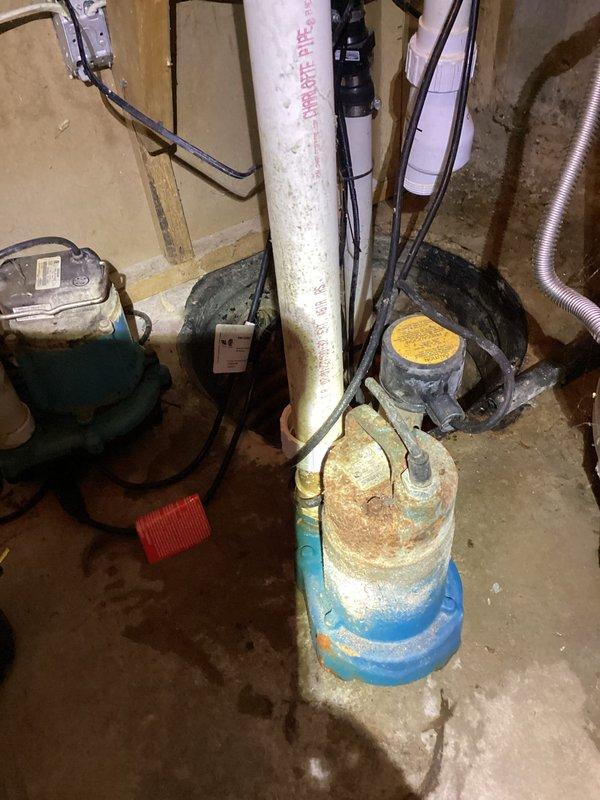 # Counter Sales Summary

Provided customer consultation and assessment for aging water well pressure tank system showing significant rust and corrosion on tank cap and upper components. Reviewed existing sump pump installation with visible wear and murky water accumulation in basin. Discussed replacement options for corroded pressure tank and potential upgrades to current plumbing configuration including PVC discharge piping and electrical connections requiring attention due to moisture exposure in utility space.