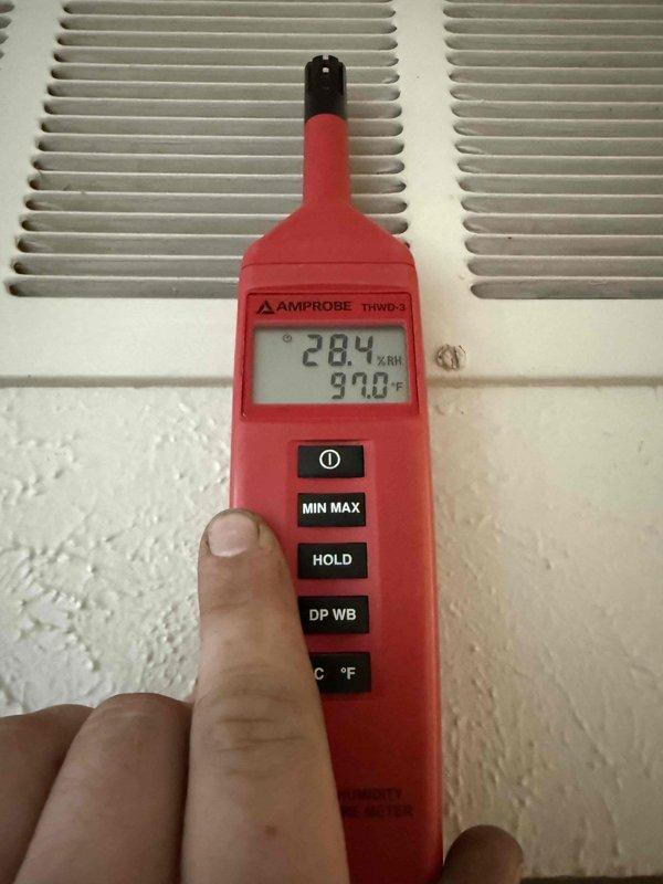 Completed comprehensive cooling season maintenance on heat pump system. Performed system diagnostics and measurements, recording indoor ambient conditions at 90.0°F and 28.4% relative humidity. Verified refrigerant line temperatures at 620.9°F on suction line insulation. Inspected all mechanical components, air handling equipment, and return air grilles for proper operation. System operating within normal parameters with no deficiencies noted.