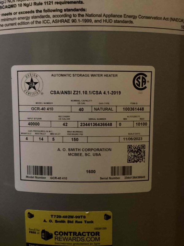 Responded to no hot water complaint on A.O. Smith 40-gallon natural gas water heater (Model GCR-40 410) installed in main floor utility closet. Upon arrival, confirmed unit had shut off with no pilot light indication. Inspected gas control valve, thermocouple, and pilot assembly. Relit pilot light, verified proper flame characteristics, and tested burner operation through full heating cycle. Confirmed hot water restoration and proper unit function before departure.
