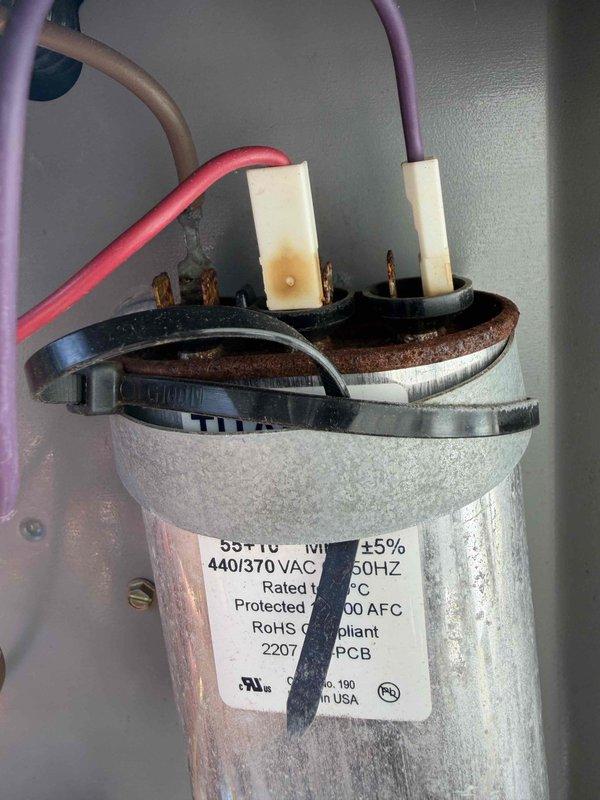 Completed comprehensive tune-up maintenance on two residential air conditioning units. Inspected and serviced both systems, including capacitor inspection which revealed corrosion present at terminal cap connection point on one unit. All electrical connections, refrigerant levels, and system components were evaluated and both units are operational.