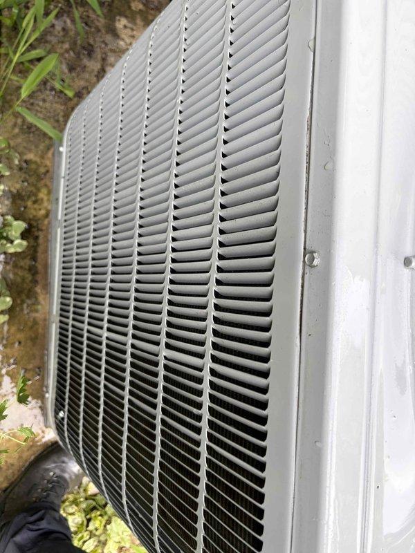Completed first prepaid cooling maintenance visit on residential outdoor HVAC condensing unit. Performed standard preventive maintenance inspection of the air conditioning system, including visual assessment of the condenser unit exterior, fan grille assembly, and internal components. Unit was accessed and fan blade condition was verified through the protective top grille. System appeared operational with no immediate mechanical concerns identified during the maintenance visit.