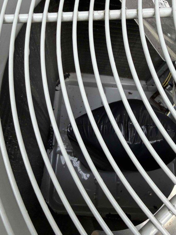 Completed first prepaid cooling maintenance visit on residential outdoor HVAC condensing unit. Performed standard preventive maintenance inspection of the air conditioning system, including visual assessment of the condenser unit exterior, fan grille assembly, and internal components. Unit was accessed and fan blade condition was verified through the protective top grille. System appeared operational with no immediate mechanical concerns identified during the maintenance visit.