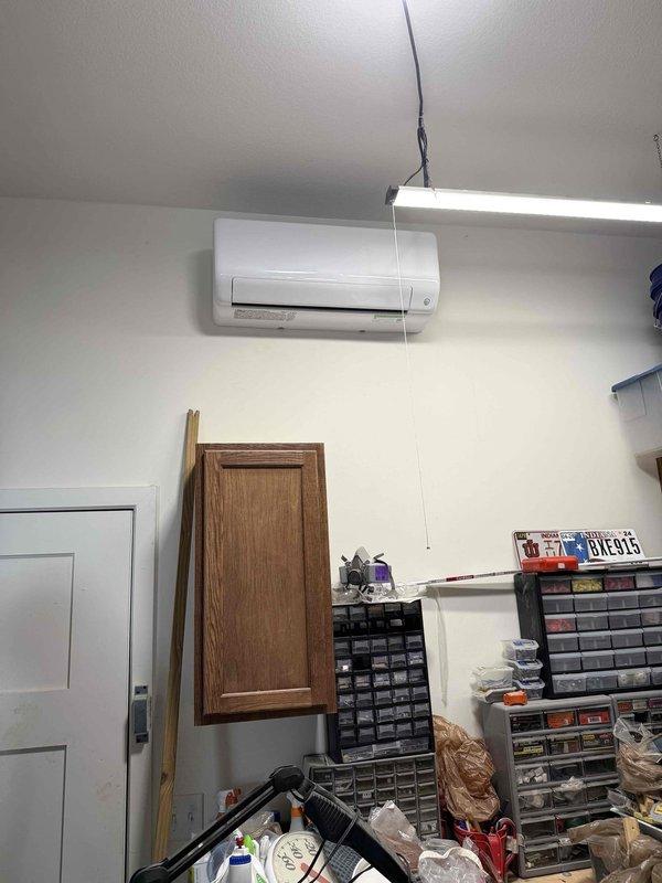 Installed a single-zone Carrier ductless mini-split heat pump system consisting of one CE37MAHAQ12AA3 12,000 BTU outdoor unit with R454B refrigerant and one CE45MAHAQ12XA3 12,000 BTU indoor wall-mounted air handler. Mounted the outdoor condenser on a PVC pad with risers on the exterior of the residence and installed the indoor head unit on an interior wall. Ran new refrigerant line sets between the indoor and outdoor units, installed control wiring for communication between components, and established condensate drain lines with PVC piping routed along the exterior siding. Completed all startup procedures, verified proper system operation, and confirmed cooling and heating functionality.