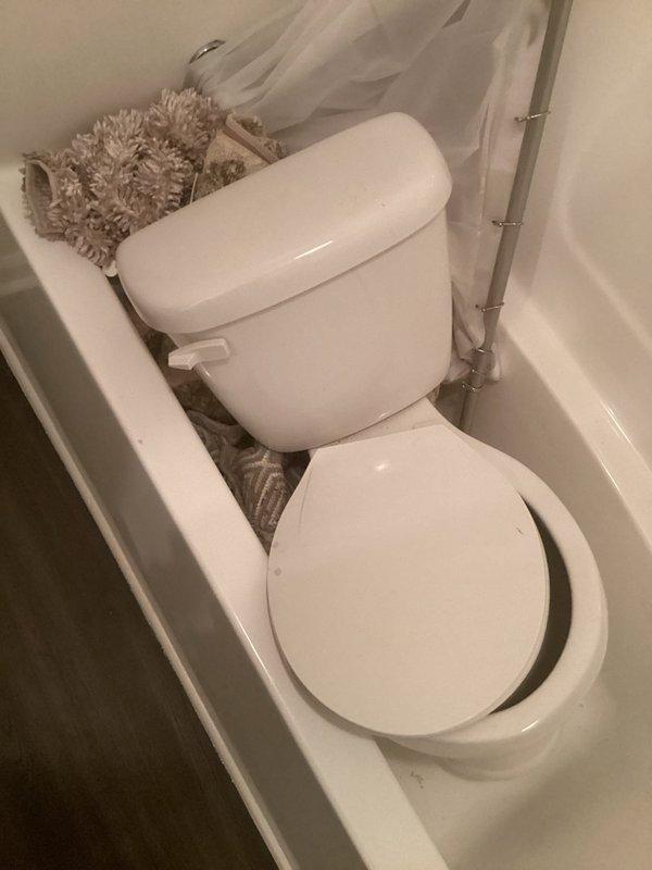 Completed installation of customer-supplied two-piece white porcelain toilet in residential bathroom. Removed existing fixture, installed new toilet with proper wax ring seal, secured unit to floor flange with closet bolts, and connected water supply line. Verified proper flush operation, checked for leaks at all connection points, and confirmed stable mounting. Toilet installed on dark vinyl plank flooring between bathtub and wall with appropriate clearances maintained.