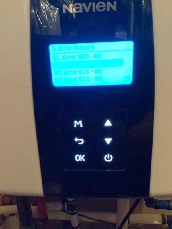 Performed routine maintenance flush on Navien tankless water heater in 3-year-old residential installation. Upon arrival, reviewed unit's diagnostic history which displayed error codes E003-00 and E15-03 on the digital control panel. Completed descaling flush procedure using isolation valves and verified proper operation of all inlet/outlet connections, gas supply lines, and expansion tank. Unit restored to normal operating parameters with error codes cleared.