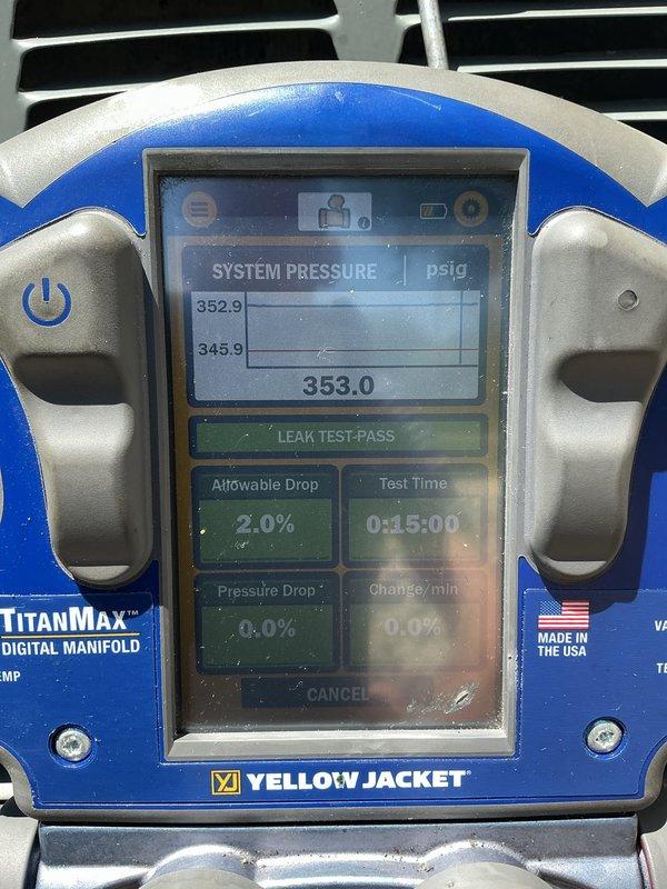 Responded to no cooling complaint on residential HVAC system. Upon arrival, performed system diagnostics and pressure testing using digital manifold gauges. Conducted leak test on refrigerant system which passed with 0.0% pressure drop over 15-minute test period at 353 psig, confirming system integrity. Verified proper airflow and ductwork configuration in basement mechanical area. System restored to normal cooling operation with all parameters within manufacturer specifications.