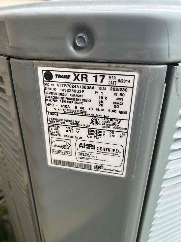 Conducted comprehensive assessment of existing Trane XR 17 outdoor condensing unit (Model 4TTN7024A1000AA, manufactured August 2014) for HVAC system replacement estimate. Documented current equipment specifications including 208/230V electrical requirements, 18.2 amp minimum circuit ampacity, and overall system condition. Evaluated installation location, electrical conduit routing, and site accessibility for future replacement equipment.