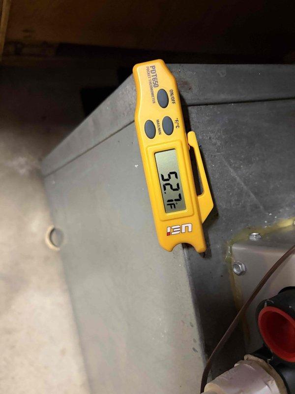 Completed first prepaid cooling system maintenance visit after rescheduling due to previous service delays. Performed standard system diagnostics and temperature measurements on HVAC equipment and ductwork, documenting supply air temperatures and system performance readings with digital instrumentation.