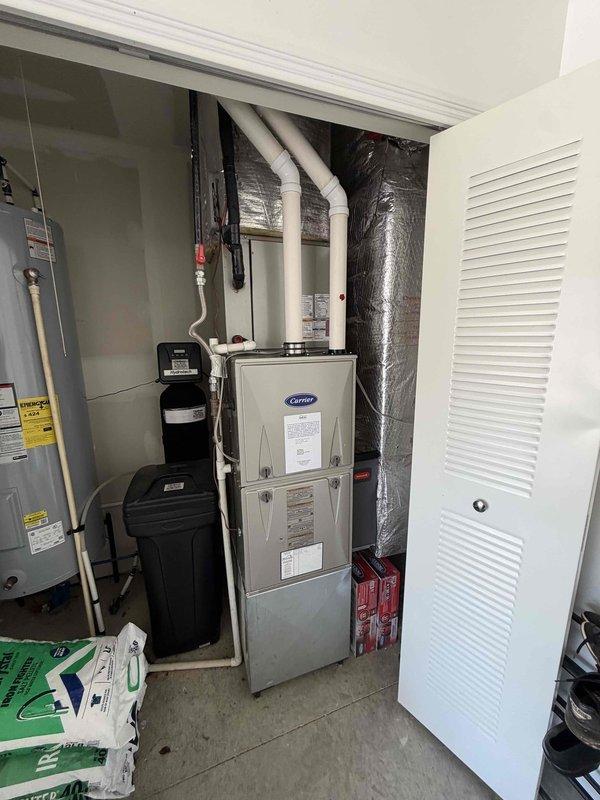 Completed prepaid cooling system maintenance on Carrier air conditioning unit and furnace system. Performed comprehensive inspection of outdoor condenser unit including cleaning of coils, verification of refrigerant levels, and testing of electrical components and fan operation. Inspected indoor furnace unit, checked air filter, verified proper airflow through ductwork, and tested thermostat operation to ensure system cycling correctly for cooling season.
