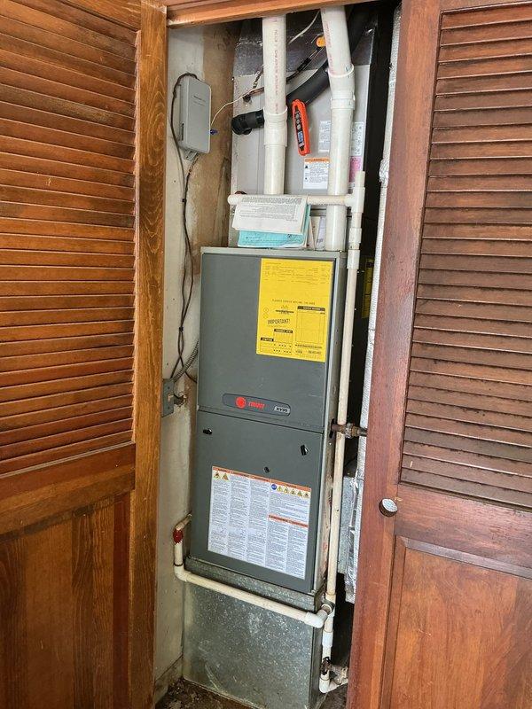 Completed cooling maintenance inspection on Trane indoor unit utilizing R-410A refrigerant, manufactured June 2021. Performed standard preventative maintenance procedures on the vertical furnace system installed in mechanical closet, including inspection of condensate drainage, electrical connections, and air filtration components. This visit fulfilled the final prepaid maintenance appointment under the existing membership agreement.