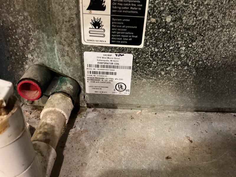 Completed first prepaid preventive maintenance visit on residential cooling system. Performed comprehensive inspection of evaporator coil assembly, verified proper refrigerant line connections and cap integrity, and documented equipment condition through photographic records. All components found operating within normal parameters with no immediate service concerns identified.