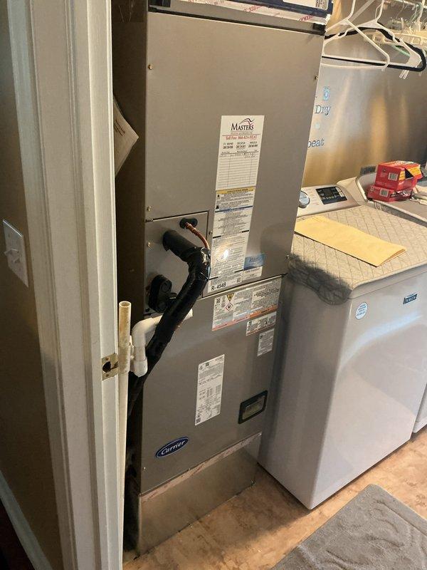 Completed full HVAC system replacement installing Carrier Performance Series two-stage heat pump model 27TPA836A003 and variable speed air handler model FT5ANBC36L00 with iWave-R air purification system. Reconnected to existing line set after flushing and pressure testing, installed new 2" PVC condenser pad with pea gravel base, added 15KW electric heater kit with dedicated circuit breaker, and installed new disconnect and whip. Reconnected existing supply and return ductwork, verified superheat and subcooling readings within manufacturer specifications, explained system operation, completed post-installation quality assurance walkthrough, removed and staged old equipment for insurance adjuster inspection, and registered equipment warranty.