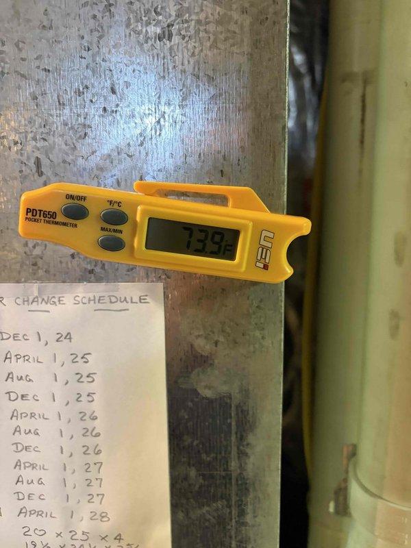 Completed final prepaid cooling system maintenance inspection on residential air conditioning unit. Performed comprehensive system check including temperature differential measurements, recording supply air temperature of 72.5°F and return air temperature of 73.9°F. Verified system operation, inspected all accessible components, and confirmed unit is functioning within normal parameters for the cooling season.