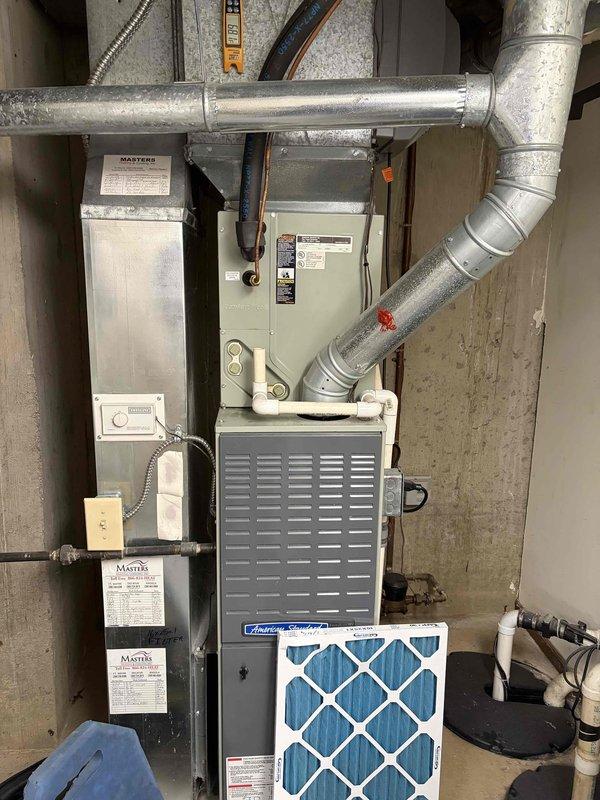 Completed monthly maintenance visit for residential cooling system. Performed comprehensive inspection of furnace and air conditioning equipment, verified proper operation of all components, checked air filter condition, and measured system temperatures. Ambient temperature reading of 57.0°F was recorded during inspection. All ductwork connections, electrical components, and control systems were examined and found to be functioning within normal parameters. Discussed scheduling future heating system maintenance visit with customer for later in the year.