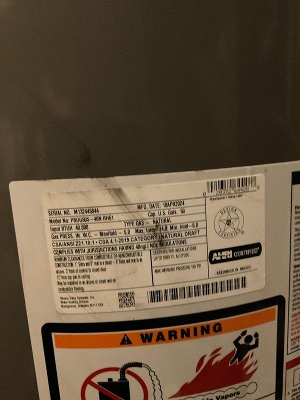 Responded to no hot water complaint on tanked gas water heater located in basement mechanical room. Upon arrival, inspected unit and identified as a natural gas-fired model with 40,000 BTU input rating. Performed diagnostic assessment of water heater system to determine cause of lack of hot water production. Documented equipment specifications and current operating conditions. Customer noted potential venting concerns but prioritized restoration of hot water service. Initial evaluation completed and findings reviewed with homeowner for next steps.