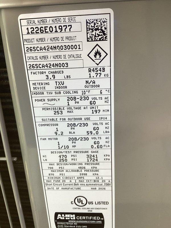 Completed full HVAC system replacement including installation of Carrier 26SCA424N003 single-stage air conditioner, Carrier CVAVA3017XMA evaporator coil, and Carrier 58TP0B070V17--16 two-stage non-condensing gas furnace in attic location. Removed and recycled existing equipment, installed new 2" PVC condenser pad with pea gravel base, and reconnected to existing supply and return ductwork. Flushed and pressure tested existing line set, installed new disconnect and whip, and reconnected all electrical connections per manufacturer specifications. System charged with 3.9 lbs R454B refrigerant per nameplate specifications. Verified proper airflow, combustion analysis, and operational performance of all components. Conducted post-installation quality assurance inspection, registered equipment warranty, and provided thermostat operation training to occupant.