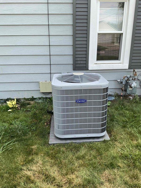 Completed routine air conditioning tune-up on 4-year-old Carrier unit per customer request. Performed comprehensive inspection and cleaning of outdoor condensing unit, verified system operation, and documented equipment condition with no issues identified. Customer approved AC-only service due to scheduling constraints, with furnace maintenance to be rescheduled for a future appointment.
