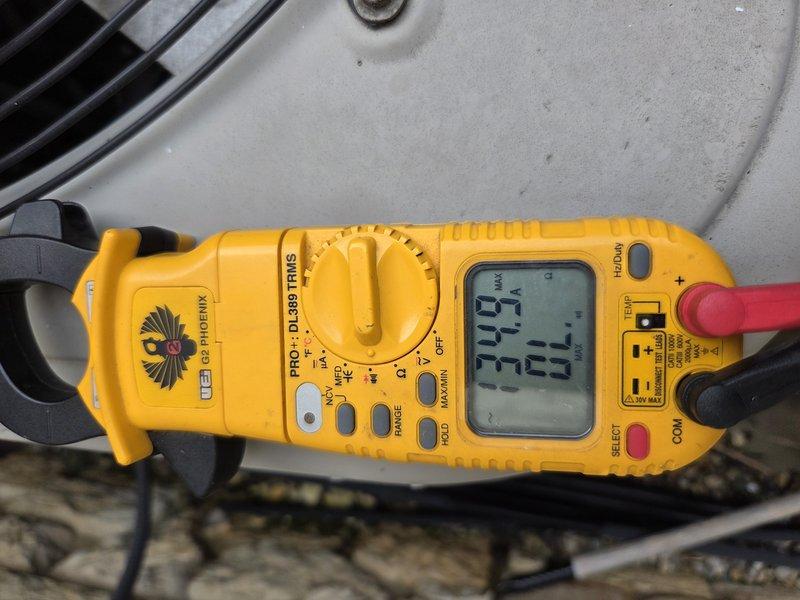 Responded to no heat call on 10-year-old furnace system. Upon arrival, performed diagnostic testing using clamp meter to measure electrical current and verify power supply to unit. Inspected both indoor furnace components and outdoor condensing unit for proper operation. System evaluated and measurements recorded to determine cause of heating failure and restore functionality to HVAC system.