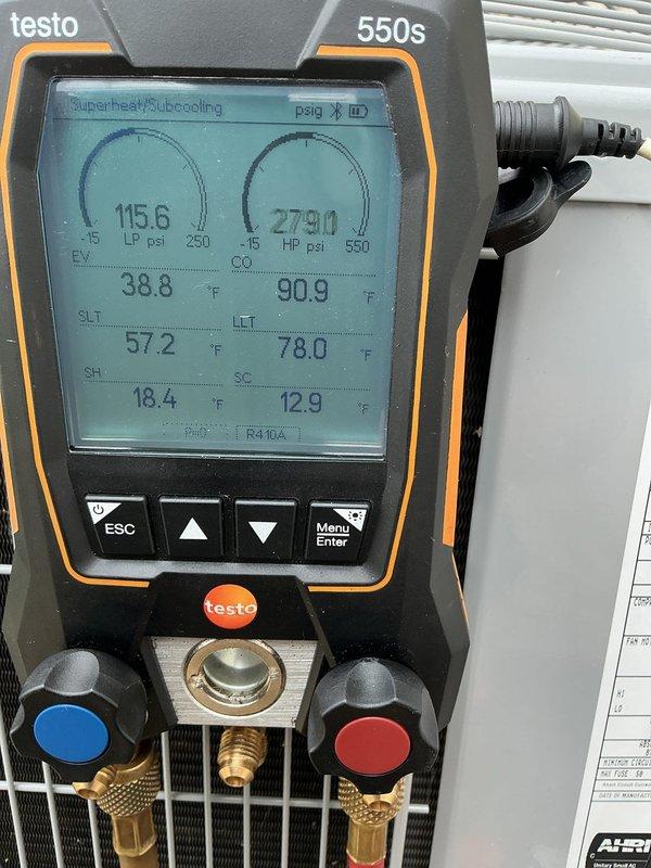 # HVAC Service Report

Responded to no cooling complaint on 2-year-old residential air conditioning system. Upon arrival, connected Testo 550s digital manifold gauges to service ports and performed diagnostic testing on R410A system. Measured operating pressures and temperatures, recording 115.6 PSI on low side and 279.1 PSI on high side. Calculated superheat at 57.2°F and subcooling at 78.0°F, with suction line temperature reading 38.8°F and liquid line temperature at 90.9°F. These readings indicate severely high subcooling and superheat values, suggesting a significant refrigerant flow restriction or potential compressor issue. System pressures and temperature differentials are outside normal operating parameters for R410A refrigerant. Further diagnostic work required to isolate exact cause of cooling failure, with possible restriction in metering device, filter drier, or internal system component. Documented all pressure and temperature readings for follow-up analysis and recommenda