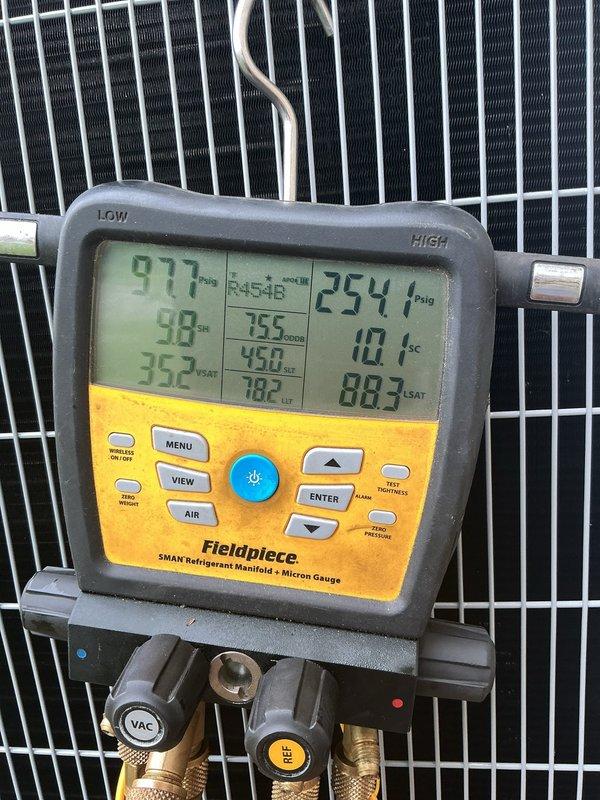 Completed upgrade from 2-ton to 2.5-ton outdoor condensing unit at residential property. Successfully installed new equipment, established refrigerant charge, verified system pressures and temperatures within manufacturer specifications, and confirmed proper operation of all components.