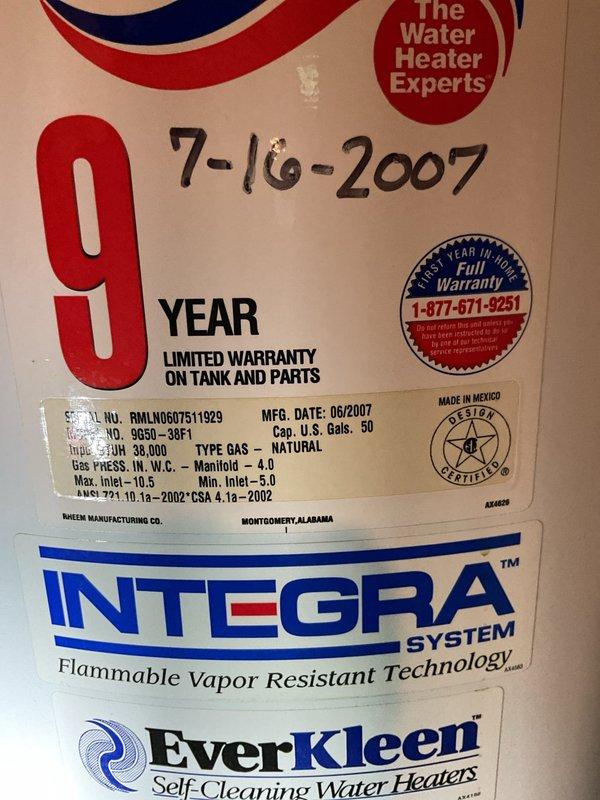 Performed comprehensive plumbing maintenance service on a 50-gallon gas-fired tanked water heater manufactured in 2007. Completed standard water heater flush procedure to remove sediment buildup and maintain optimal system performance. Inspected unit for the reported minor leak, examining all connections, fittings, and tank integrity. Documented existing copper plumbing manifold system with multiple shut-off valves showing age-appropriate patina and minor oxidation on brass components. Verified power vent configuration and assessed overall system condition. Water heater features EverKleen self-cleaning technology and flammable vapor resistant design with 38,000 BTU input capacity. All maintenance procedures completed per manufacturer specifications to ensure continued safe and efficient operation of the domestic hot water system.