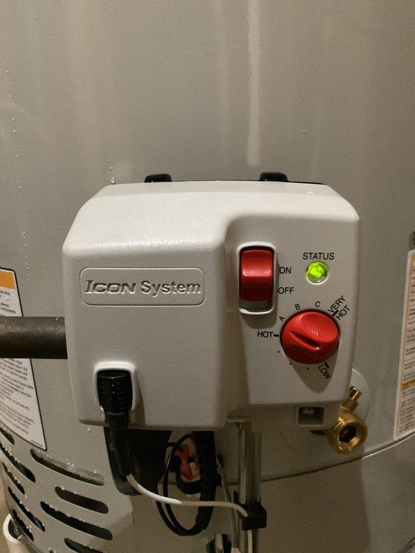 Installed a 50-gallon natural gas power vent water heater with Icon System electronic control featuring adjustable temperature settings and status indicator. Removed existing water softener from the system and completed all necessary connections including gas line, venting, and water supply lines per manufacturer specifications and local code requirements.