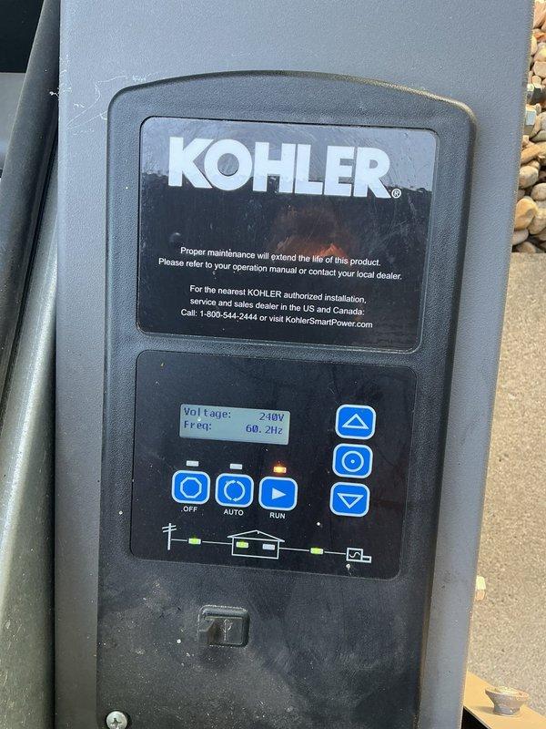 Responded to service call for Kohler generator with no-start condition that attempted to turn over but failed to run. Performed initial diagnostic assessment of unit, inspecting control panel functionality, battery voltage reading of 13.3V, and system parameters showing 240V output capability at 60.2Hz frequency. Documented generator condition and control panel status for diagnostic evaluation to determine root cause of starting failure.