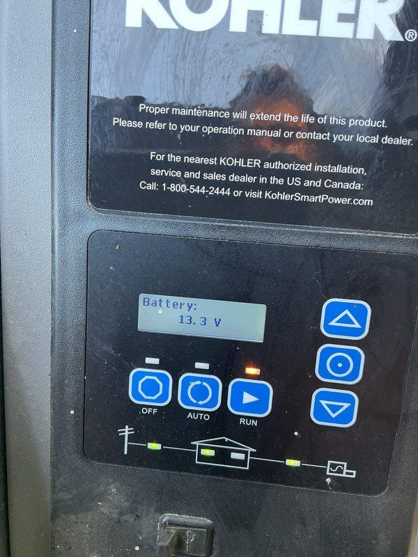 Responded to service call for Kohler generator with no-start condition that attempted to turn over but failed to run. Performed initial diagnostic assessment of unit, inspecting control panel functionality, battery voltage reading of 13.3V, and system parameters showing 240V output capability at 60.2Hz frequency. Documented generator condition and control panel status for diagnostic evaluation to determine root cause of starting failure.