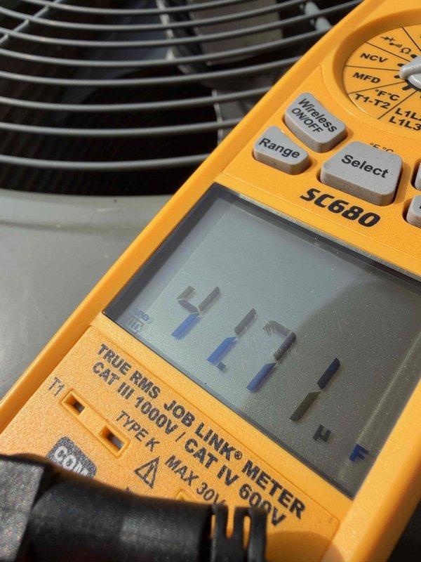 Performed comprehensive air conditioning maintenance on cooling system. Conducted electrical diagnostics using digital multimeter, recording voltage readings of 483.1V at the condenser unit. Inspected condenser fan motor and associated components, verifying proper electrical parameters and operational integrity to ensure system reliability through the maintenance agreement period expiring in 2/2026.