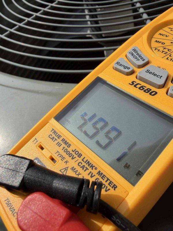 Performed comprehensive air conditioning maintenance on cooling system. Conducted electrical diagnostics using digital multimeter, recording voltage readings of 483.1V at the condenser unit. Inspected condenser fan motor and associated components, verifying proper electrical parameters and operational integrity to ensure system reliability through the maintenance agreement period expiring in 2/2026.