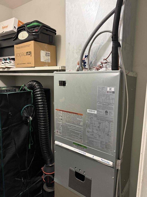 Removed and replaced existing 1.5 ton R22 ceiling-mounted fan coil and 1.5 ton R22 single-phase air conditioning unit. Installed new Carrier FMA5X2400AL 1.5 ton wall-mounted fan coil with 8 kW strip heat in bedroom closet. Installed new Carrier GA4SAN51800N 1.5 ton 14 SEER single-stage air conditioner utilizing R454 refrigerant. 

Cut open ceiling and wall sections to expose existing ductwork for proper reconnection. Reconnected new fan coil to existing duct system in ceiling and verified proper airflow. Reconnected unit to existing condensation drain line and confirmed proper drainage operation. Reconnected to existing electrical power supply at closet location.

Added 25-foot line set extension to existing refrigerant lines at end of hallway. Flushed and pressure tested existing line set to ensure compatibility with new R454 refrigerant system. Installed new electrical disconnect and whip for outdoor condensing unit. Positioned outdoor unit on new PVC equipment pad against exterior b