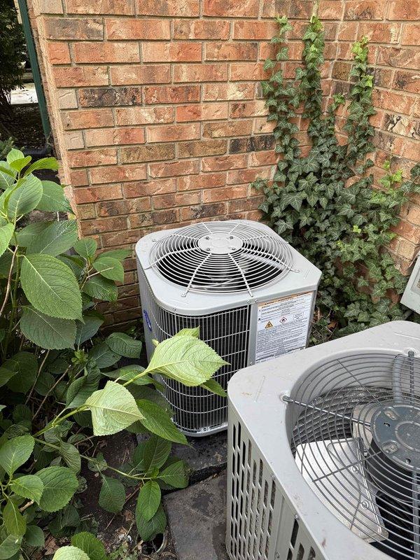 Removed and replaced existing 1.5 ton R22 ceiling-mounted fan coil and 1.5 ton R22 single-phase air conditioning unit. Installed new Carrier FMA5X2400AL 1.5 ton wall-mounted fan coil with 8 kW strip heat in bedroom closet. Installed new Carrier GA4SAN51800N 1.5 ton 14 SEER single-stage air conditioner utilizing R454 refrigerant. 

Cut open ceiling and wall sections to expose existing ductwork for proper reconnection. Reconnected new fan coil to existing duct system in ceiling and verified proper airflow. Reconnected unit to existing condensation drain line and confirmed proper drainage operation. Reconnected to existing electrical power supply at closet location.

Added 25-foot line set extension to existing refrigerant lines at end of hallway. Flushed and pressure tested existing line set to ensure compatibility with new R454 refrigerant system. Installed new electrical disconnect and whip for outdoor condensing unit. Positioned outdoor unit on new PVC equipment pad against exterior b