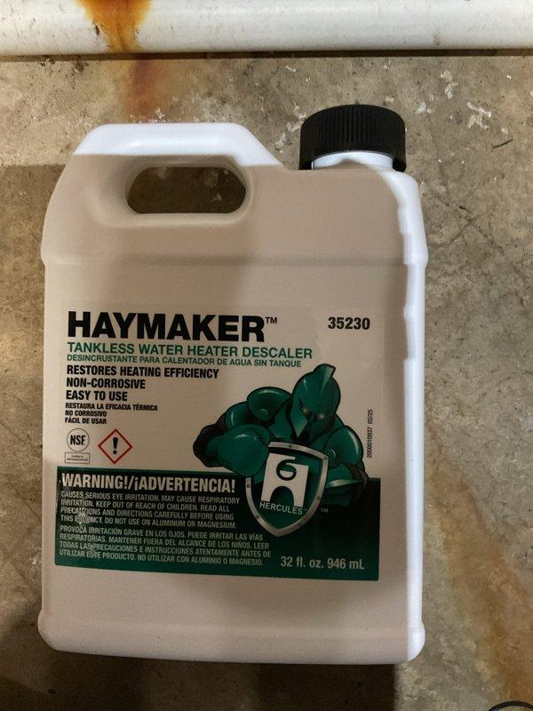 Performed scheduled tankless water heater flush and descaling maintenance as part of preventative maintenance plan. Used Haymaker brand descaler solution to remove mineral buildup and scale deposits from the heat exchanger, ensuring optimal unit performance and efficiency. System flushed completely and returned to normal operation.