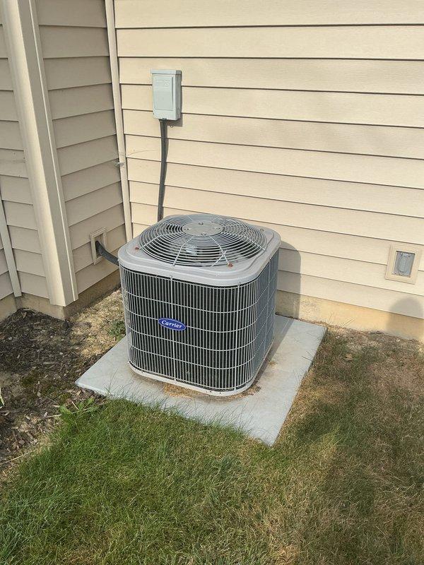 Completed routine maintenance on residential cooling system. Inspected outdoor condenser unit, verified proper operation of compressor and fan motor, cleaned condenser coils, and checked refrigerant levels. Confirmed electrical connections at disconnect box were secure and tested system performance to ensure efficient cooling operation through the maintenance agreement period.