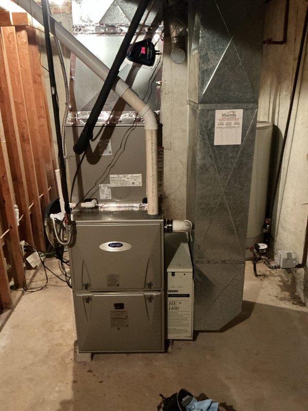 Completed post-installation walk-through for Carrier furnace system previously installed. Verified proper operation of all equipment including furnace, air handler, and control module with 24VAC power supply. Confirmed all electrical connections, ductwork installations, and system components functioning as designed per manufacturer specifications.