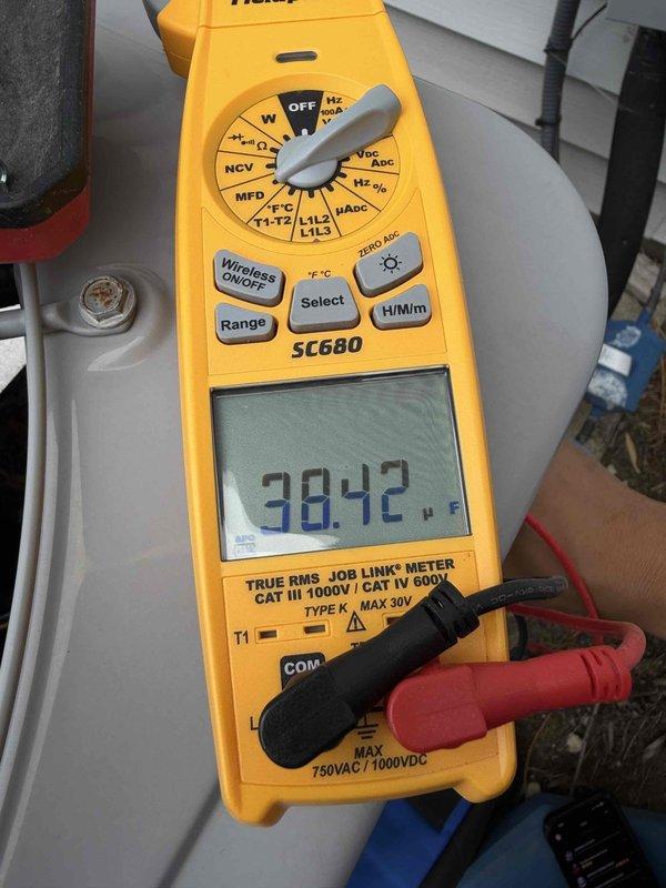 Completed comprehensive air conditioning tune-up and cooling system inspection as part of preventive maintenance program. Performed electrical diagnostics using digital multimeter to verify proper voltage, amperage, and capacitor readings across system components. All measurements confirmed within manufacturer specifications, ensuring optimal system performance and efficiency for the cooling season.