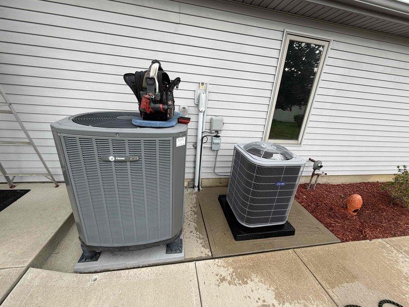Completed first prepaid cooling system maintenance visit on residential split-system air conditioning unit. Performed comprehensive inspection of outdoor condensing units, verified proper operation of both HVAC systems, checked refrigerant levels, and inspected condensate drainage piping. All equipment found to be operating within normal parameters with no issues identified during this preventive maintenance check.