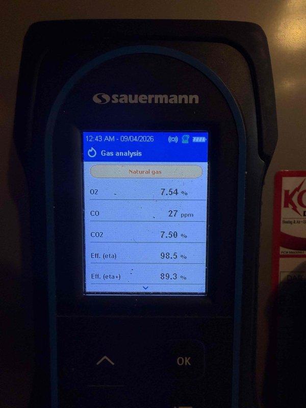 Completed annual AC tune-up and preventative maintenance on cooling system. Performed comprehensive system inspection, measured electrical amperage draw at 3.03A indicating proper compressor operation, and conducted combustion analysis on associated heating equipment showing efficient operation with CO levels at 27 ppm, oxygen at 7.54%, and combustion efficiency at 89.3%. All system components operating within manufacturer specifications.
