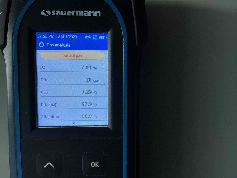 Completed comprehensive AC tune-up service on natural gas system. Performed combustion analysis using gas analyzer, recording optimal efficiency readings of 97.9% with CO levels at 20 ppm and CO2 at 7.29%. Follow-up measurement confirmed CO air-free reading of 32 ppm, indicating proper combustion and system operation within acceptable parameters.
