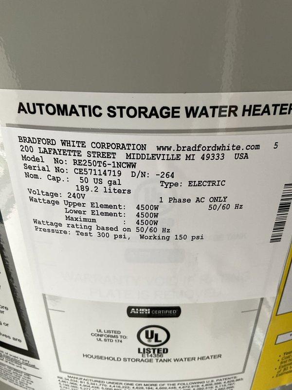 Installed a Bradford White 50-gallon electric water heater (Model RE250T6-1NCWW) with expansion tank and completed necessary electrical connections. The unit was installed in a utility closet with proper PVC piping, brass fittings, pressure relief valve, and flexible connector lines, with the blue expansion tank mounted to the wall above the water heater.