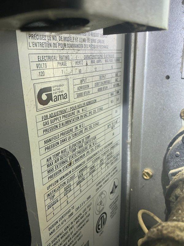 Completed system evaluation and estimate for replacement of existing Armstrong Air Ultra V furnace system. Customer reported unit was deemed non-repairable by previous assessment. Documented existing equipment specifications including 60,000 BTU input rating, 120V single-phase electrical configuration, and upflow installation in interior closet location. Photographed unit nameplate data and overall system configuration for replacement equipment sizing and proposal preparation.