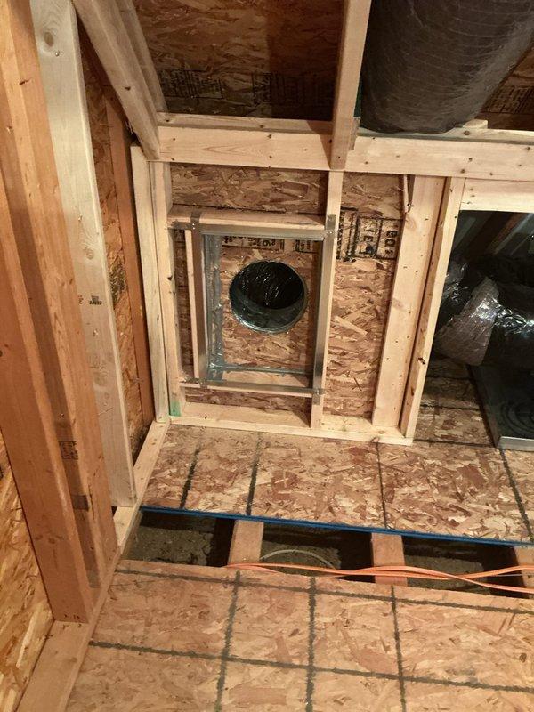 Installed customer-supplied mini-split system for wine room application. Ran and secured 8-inch supply duct and 10-inch return air duct through framed wall cavities using flexible insulated ductwork with proper strapping at intervals. Installed metal vent boots and plenums at termination points, cutting appropriate openings in OSB wall panels for duct penetrations and ensuring proper sealing of all connections for optimal airflow and system efficiency.