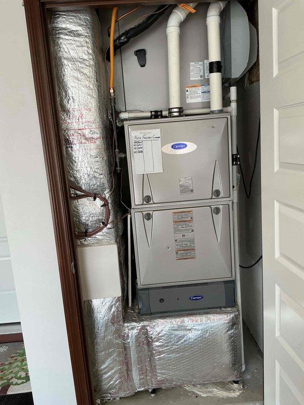 Completed comprehensive heating maintenance tune-up on 9-year-old Carrier furnace system. Performed full system inspection including burner assembly, heat exchanger, blower motor operation, and safety controls verification. Checked and documented all electrical connections, tested thermostat operation, inspected condensate drain lines and PVC venting system, verified proper airflow through ductwork, and confirmed all refrigerant lines and insulation were in good condition. System operating within manufacturer specifications with no issues identified.
