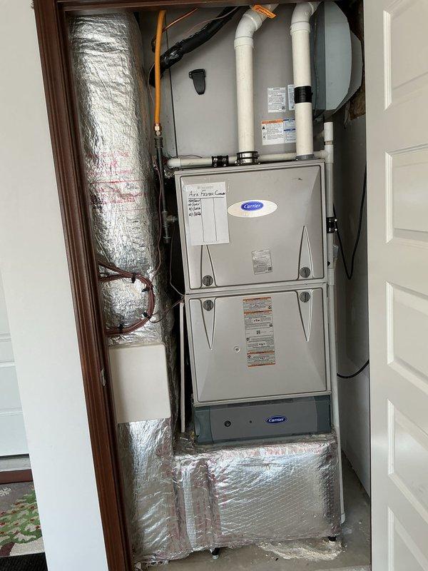 Completed comprehensive heating maintenance tune-up on 9-year-old Carrier furnace system. Performed full system inspection including burner assembly, heat exchanger, blower motor operation, and safety controls verification. Checked and documented all electrical connections, tested thermostat operation, inspected condensate drain lines and PVC venting system, verified proper airflow through ductwork, and confirmed all refrigerant lines and insulation were in good condition. System operating within manufacturer specifications with no issues identified.