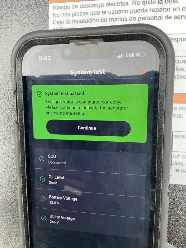 Performed startup and commissioning of the standby generator following completed gas line installation, using the mobile app to run the system test. The test passed, confirming ECU communication, proper oil level, 12.8 V battery voltage, and 246 V utility voltage, and the unit was configured correctly for activation. Installation and owner's manuals for the generator and automatic transfer switch were left on site.
