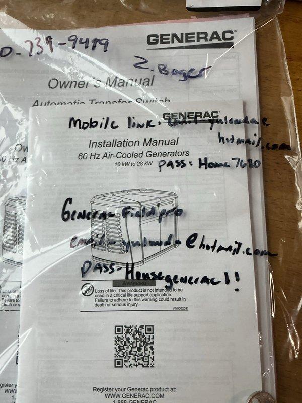 Performed startup and commissioning of the standby generator following completed gas line installation, using the mobile app to run the system test. The test passed, confirming ECU communication, proper oil level, 12.8 V battery voltage, and 246 V utility voltage, and the unit was configured correctly for activation. Installation and owner's manuals for the generator and automatic transfer switch were left on site.